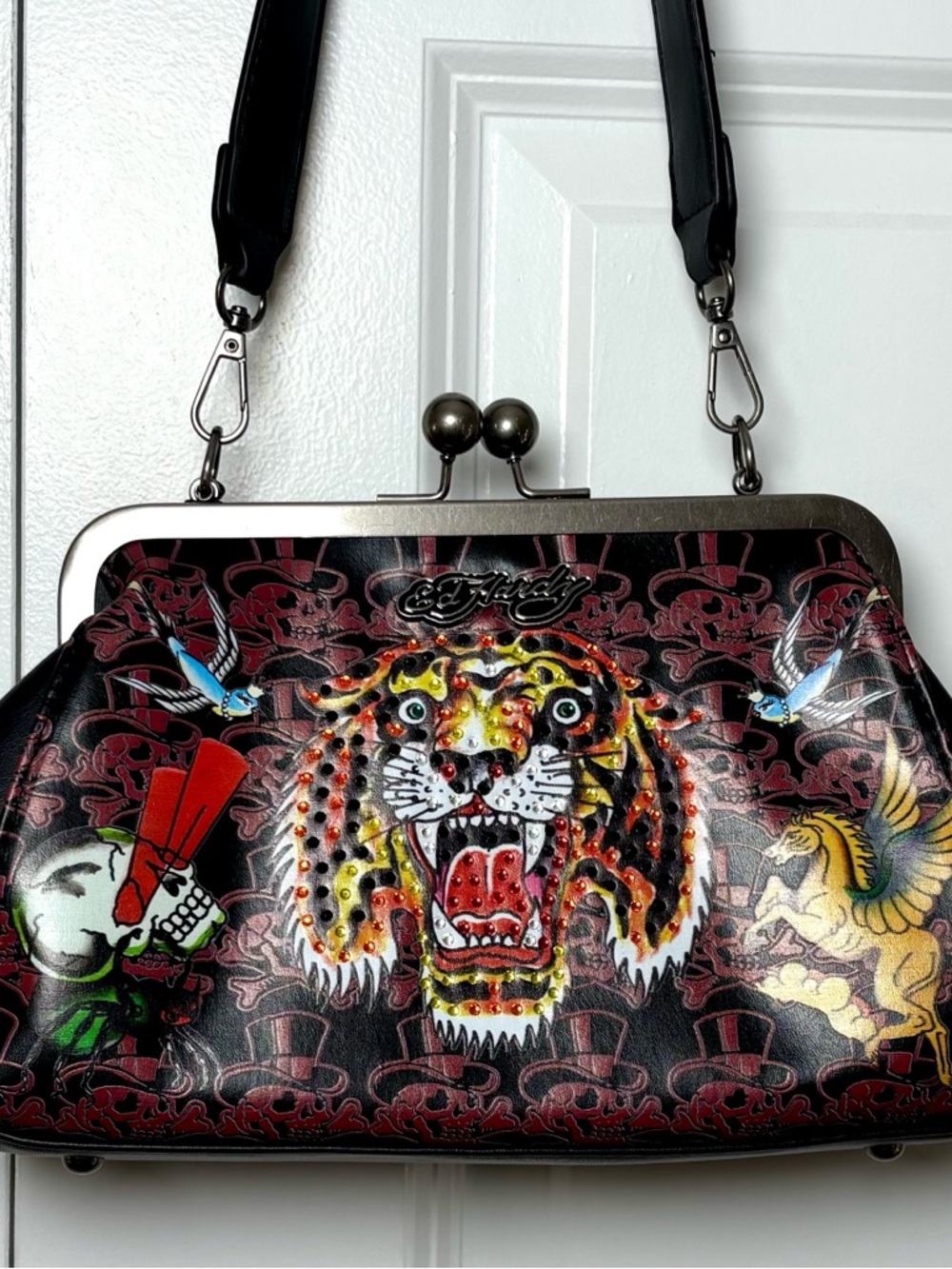 Ed Hardy Black Tiger Crystal Stud Tattoo Print Clasp Shoulder Handbag